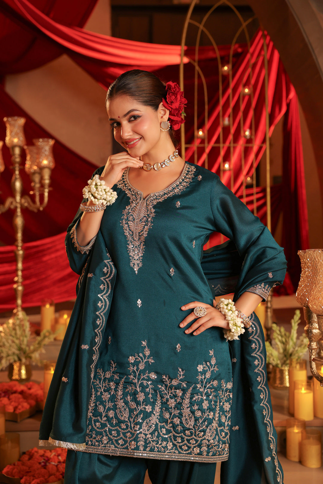Floral Embroidered Straight Polki Silk Kurta & Farshi Salwar Sets