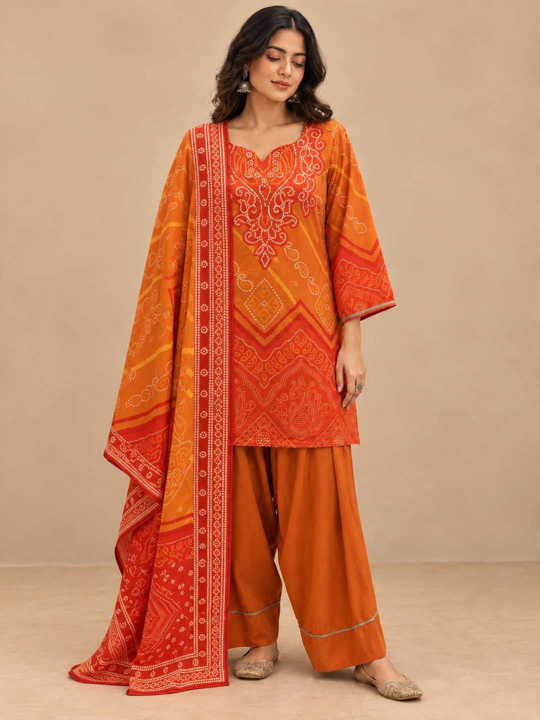 Bandhani Embroidered Straight Kurta & Farshi Salwar Sets