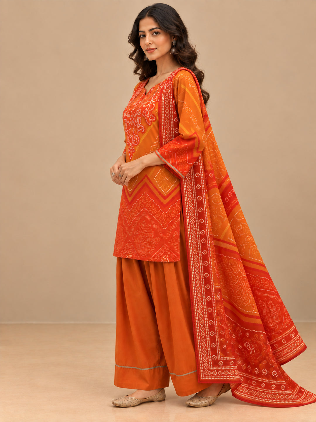 Bandhani Embroidered Straight Kurta & Farshi Salwar Sets