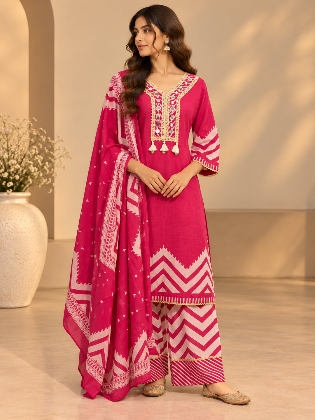 Floral Embroidered Straight Cotton Kurta & Farshi Salwar Sets