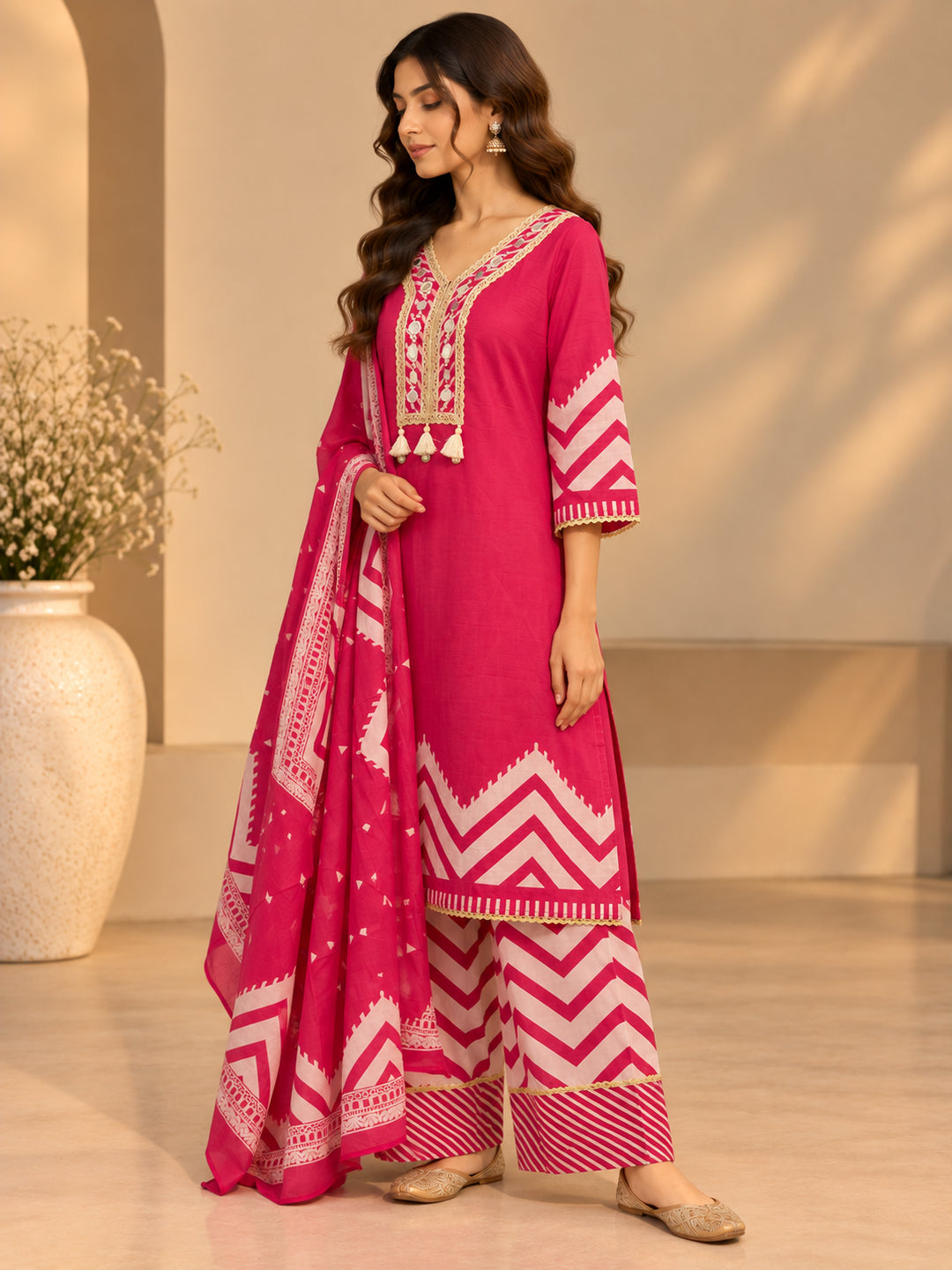 Floral Embroidered Straight Cotton Kurta & Farshi Salwar Sets