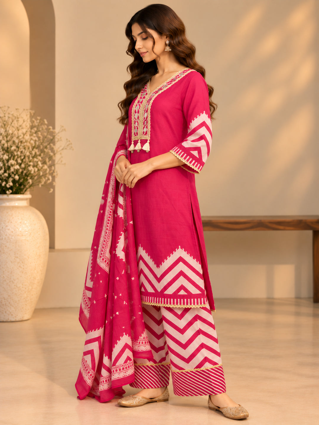 Floral Embroidered Straight Cotton Kurta & Farshi Salwar Sets