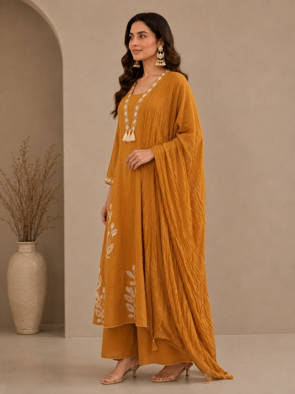 Floral Embroidered A-Line Pure Cotton Kurta & Palazzos Sets