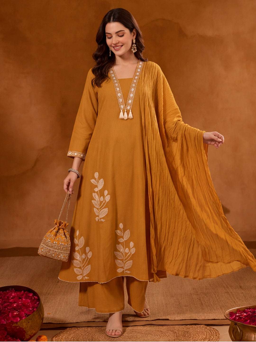 Floral Embroidered A-Line Pure Cotton Kurta & Palazzos Sets