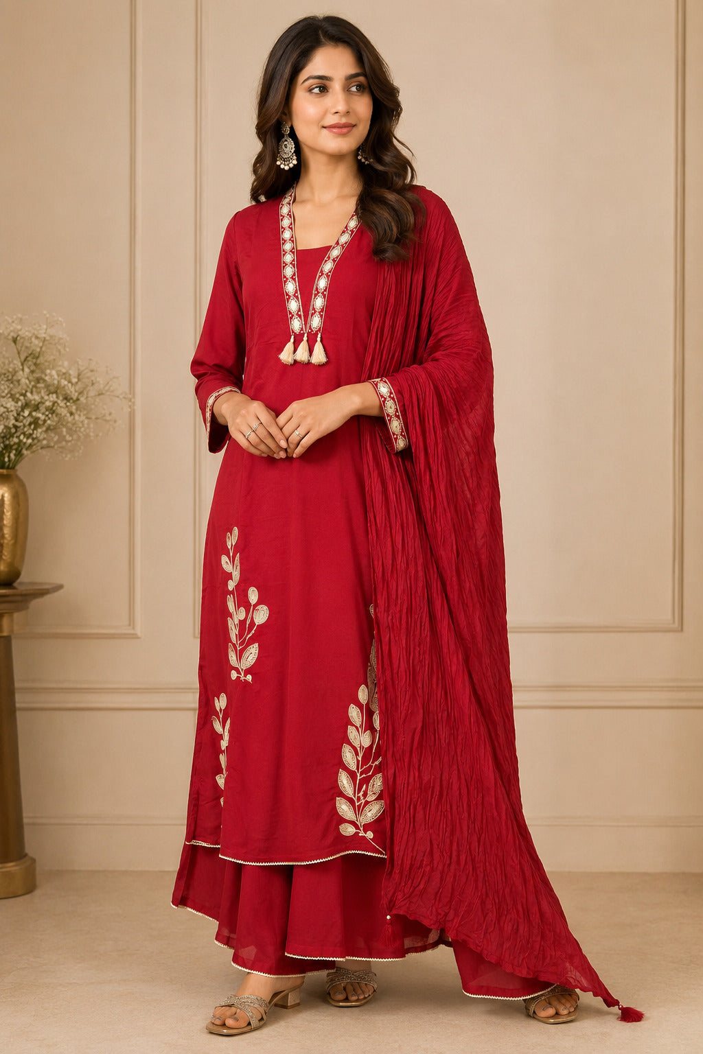 Floral Embroidered A-Line Pure Cotton Kurta & Palazzos Sets