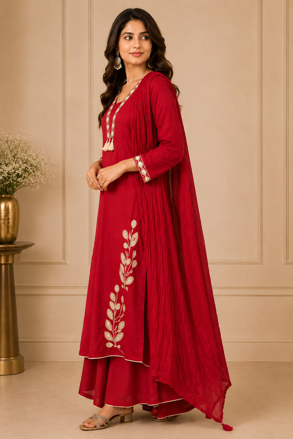 Floral Embroidered A-Line Pure Cotton Kurta & Palazzos Sets