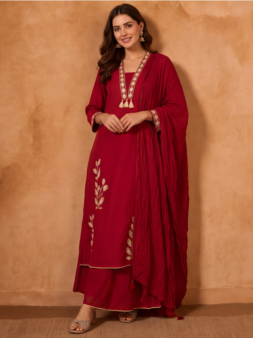 Floral Embroidered A-Line Pure Cotton Kurta & Palazzos Sets