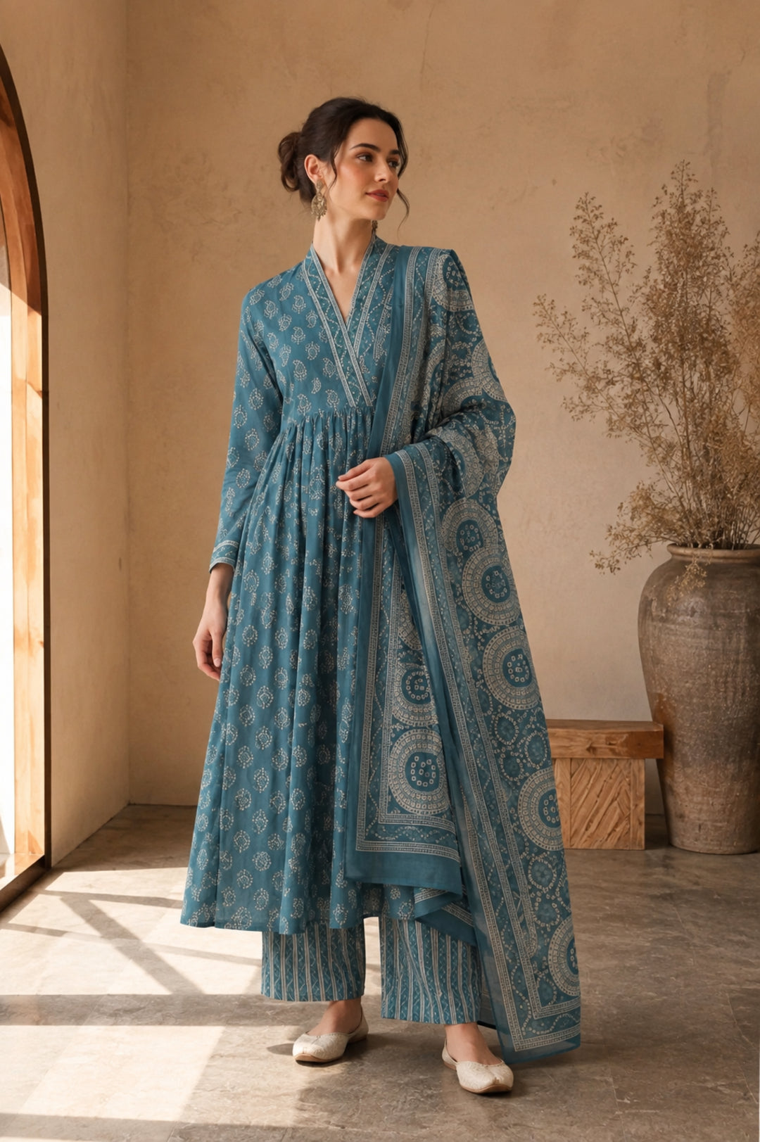 Bandhani Printed A-Line Pure Cotton Kurta & Trousers Sets
