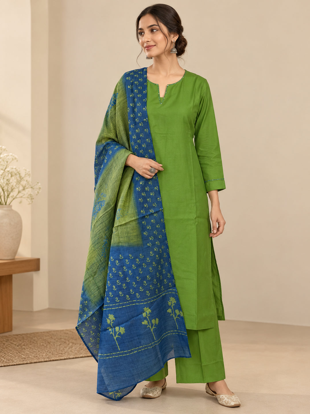 Solid Embroidered Straight Kurta & Trousers Sets