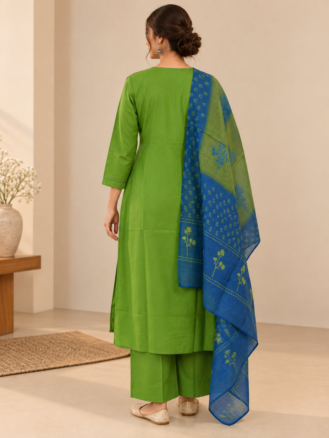 Solid Embroidered Straight Kurta & Trousers Sets