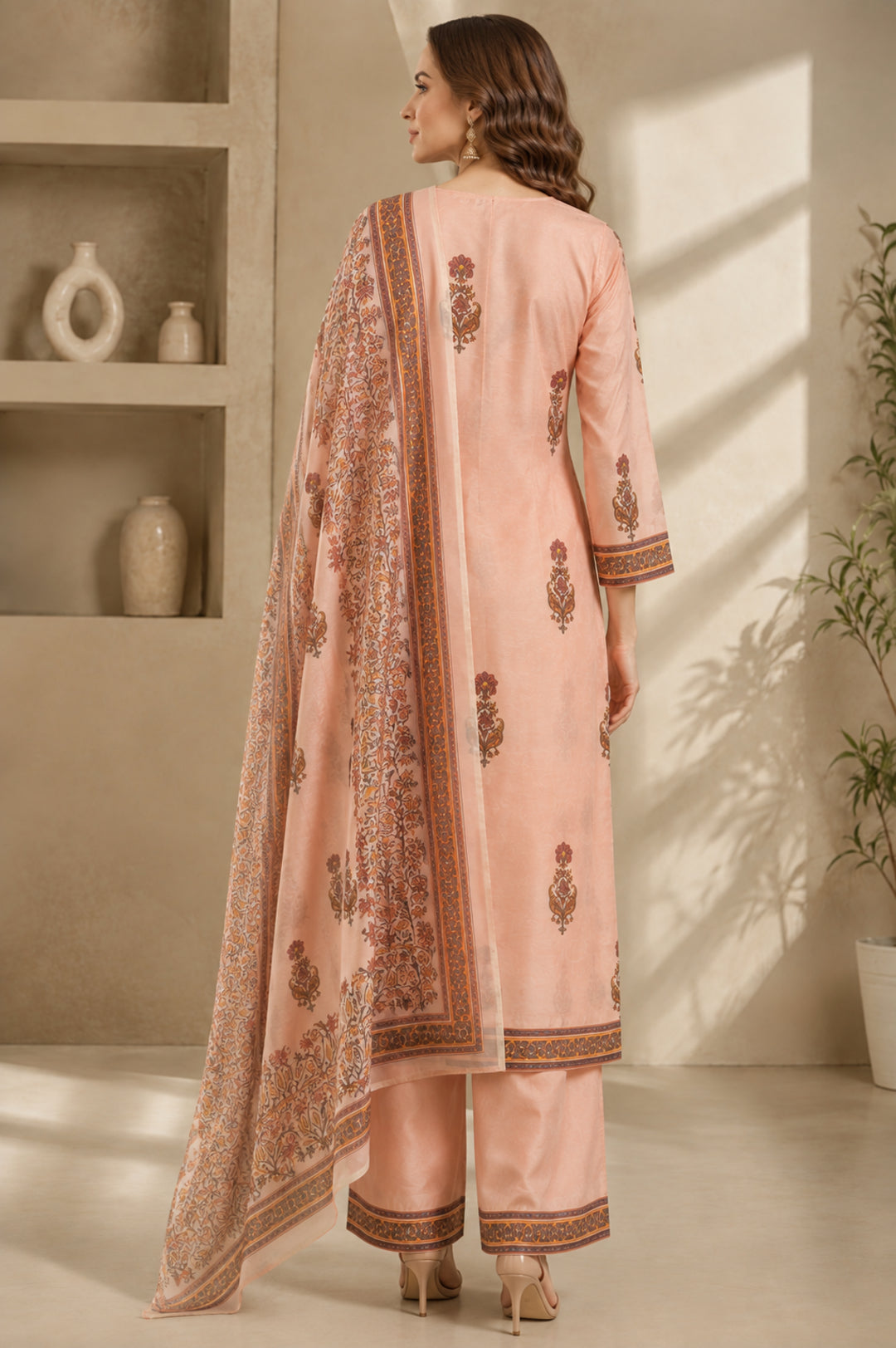 Floral Printed Straight Chanderi Cotton Kurta & Palazzos Sets