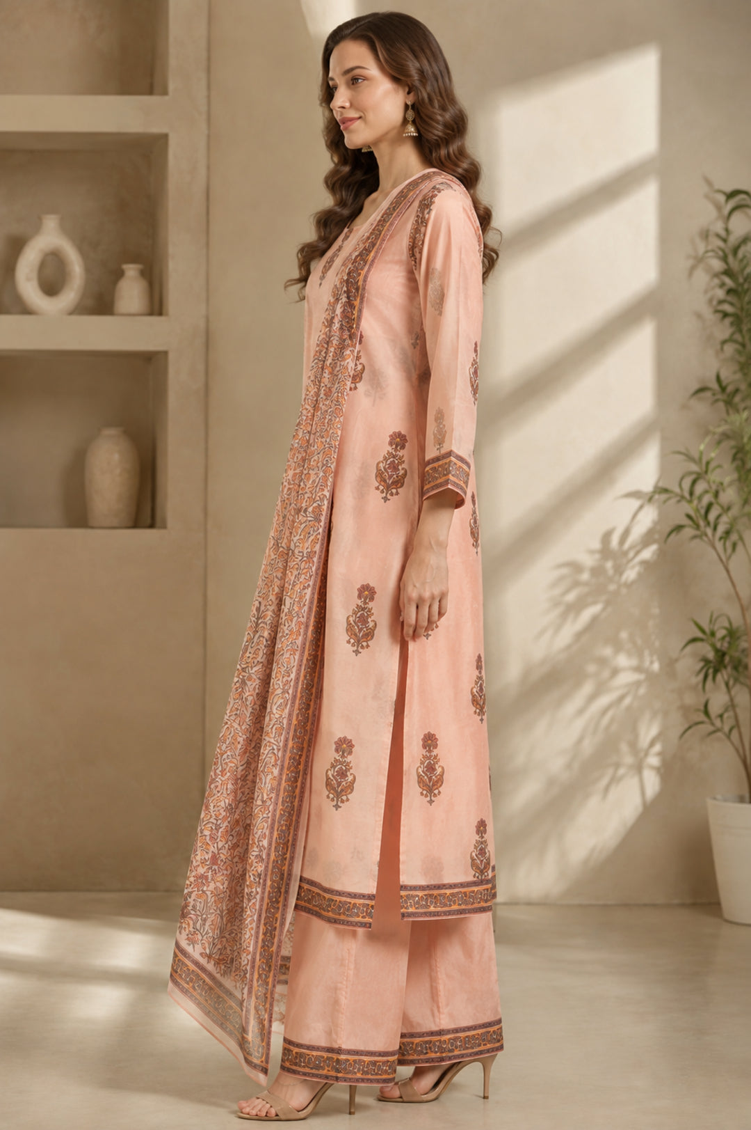 Floral Printed Straight Chanderi Cotton Kurta & Palazzos Sets
