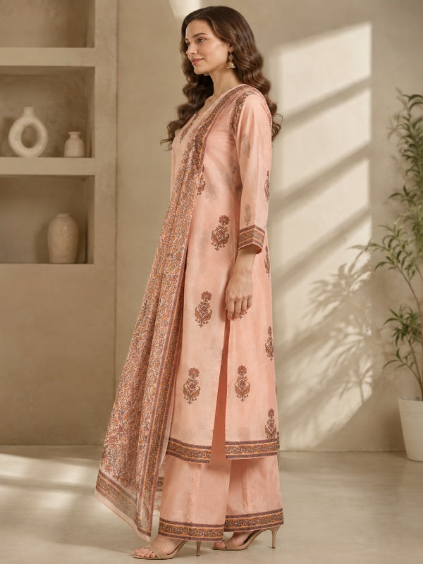 Floral Printed Straight Chanderi Cotton Kurta & Palazzos Sets