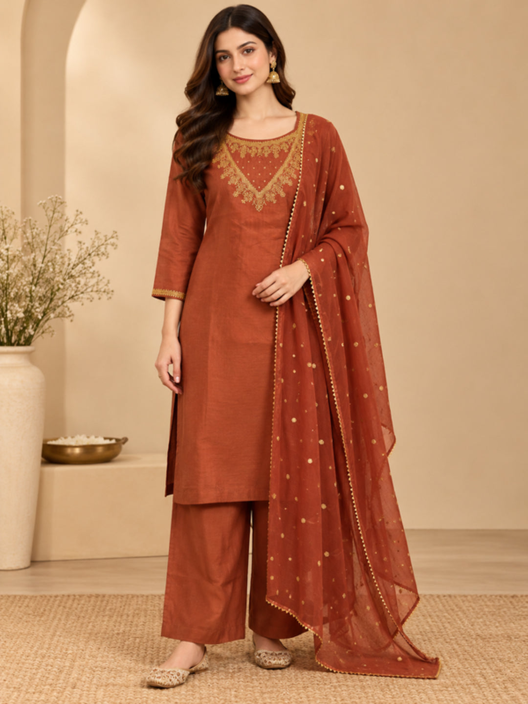 Floral Embroidered Straight Silk Blend Kurta & Trousers Sets