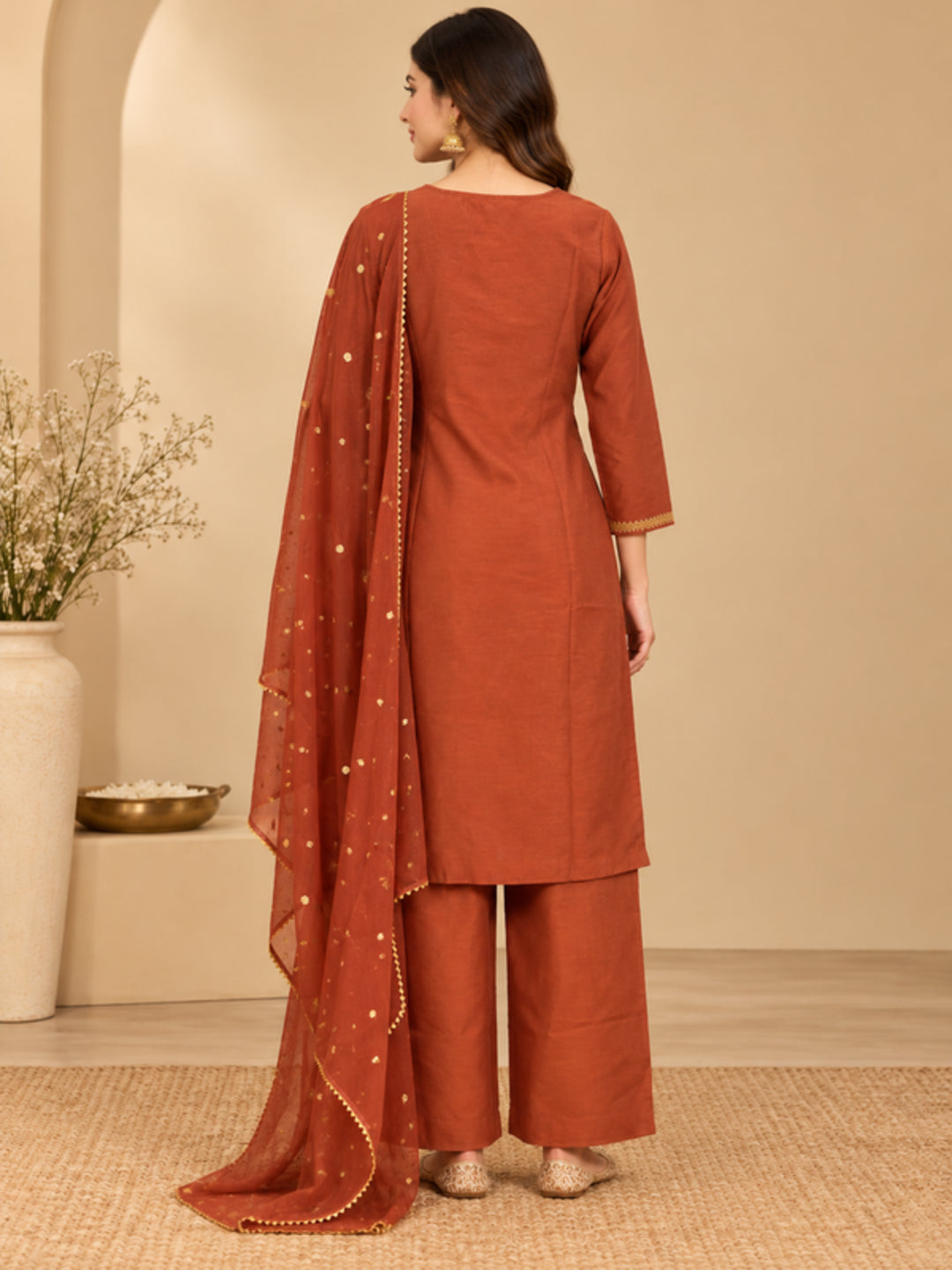 Floral Embroidered Straight Silk Blend Kurta & Trousers Sets