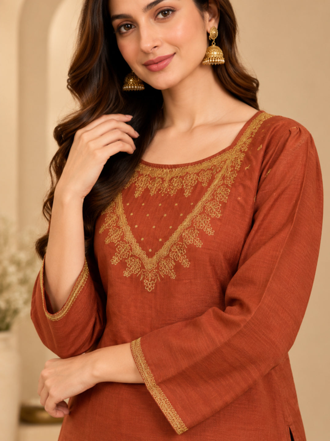 Floral Embroidered Straight Silk Blend Kurta & Trousers Sets