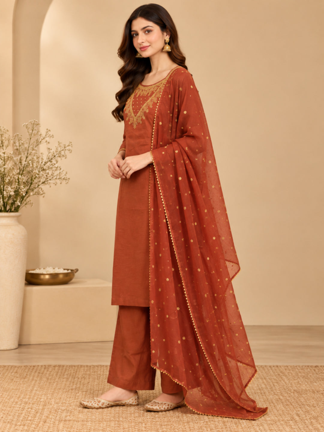 Floral Embroidered Straight Silk Blend Kurta & Trousers Sets