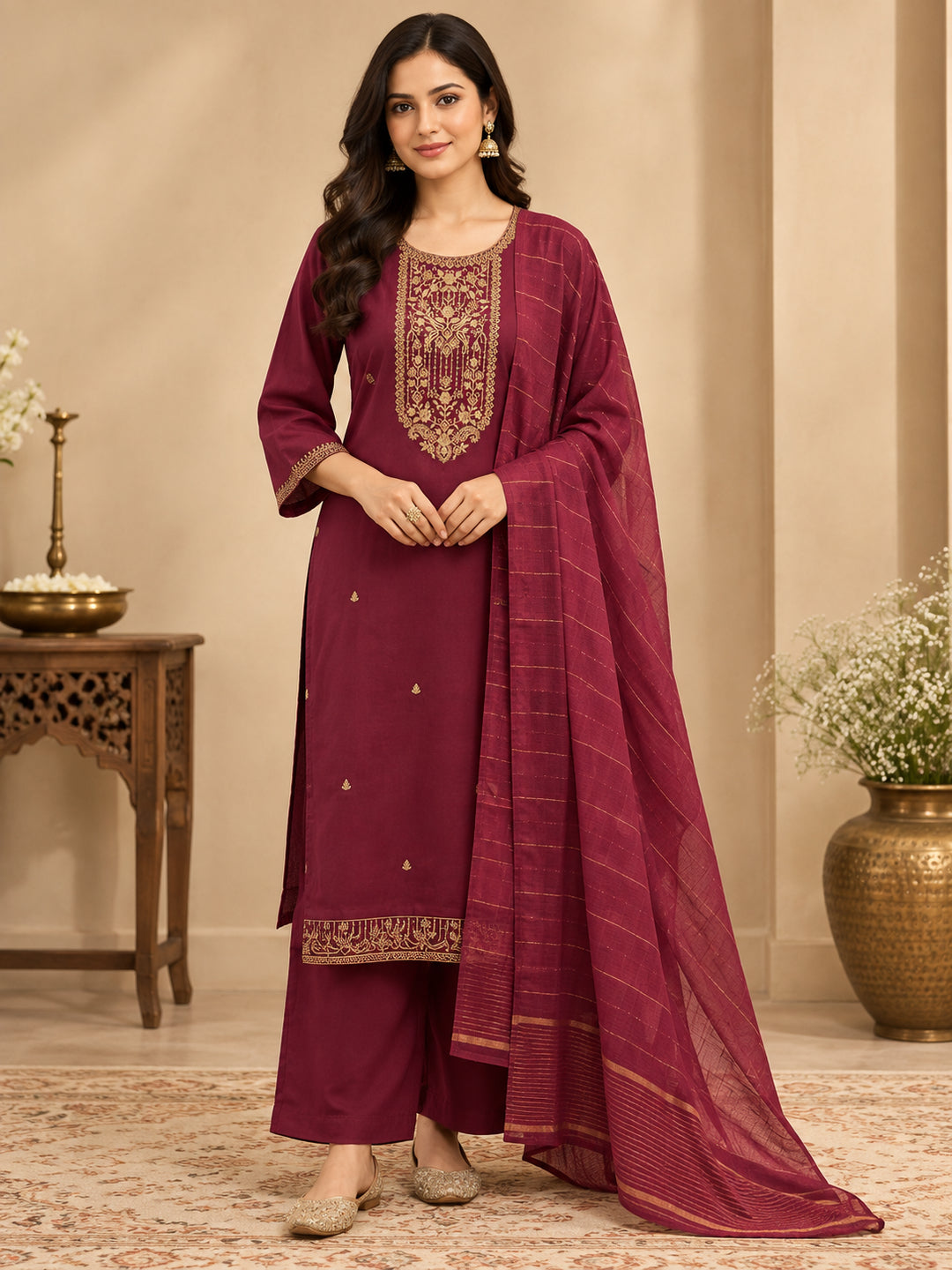Floral Embroidered Straight Kurta & Trousers Sets
