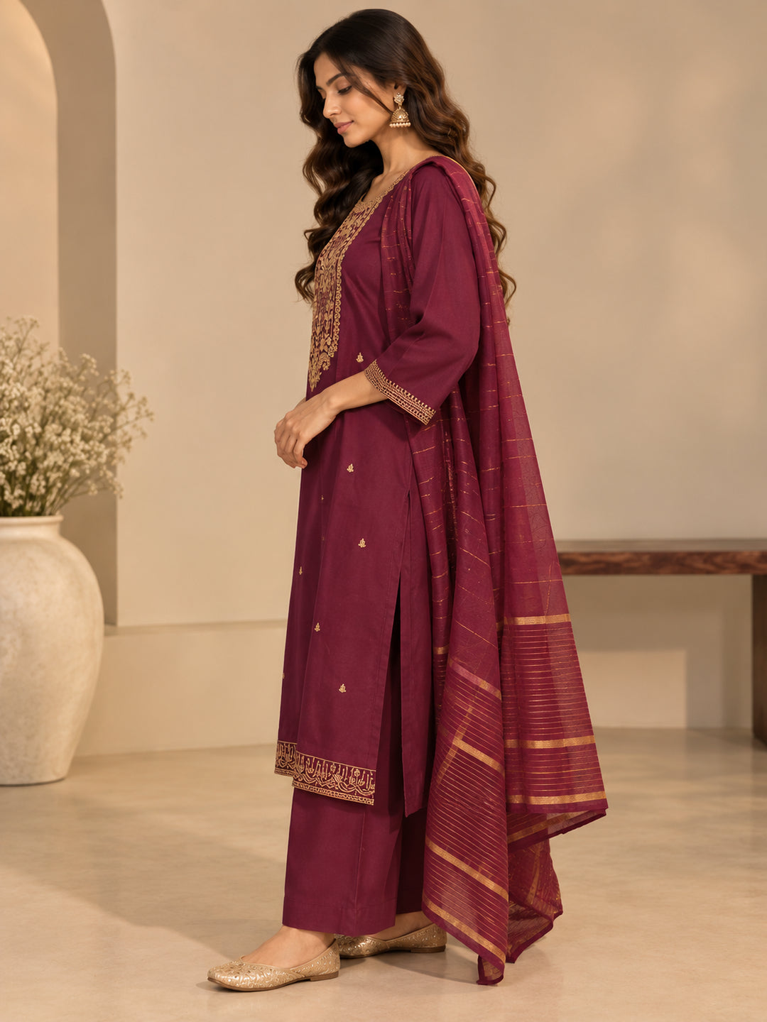 Floral Embroidered Straight Kurta & Trousers Sets