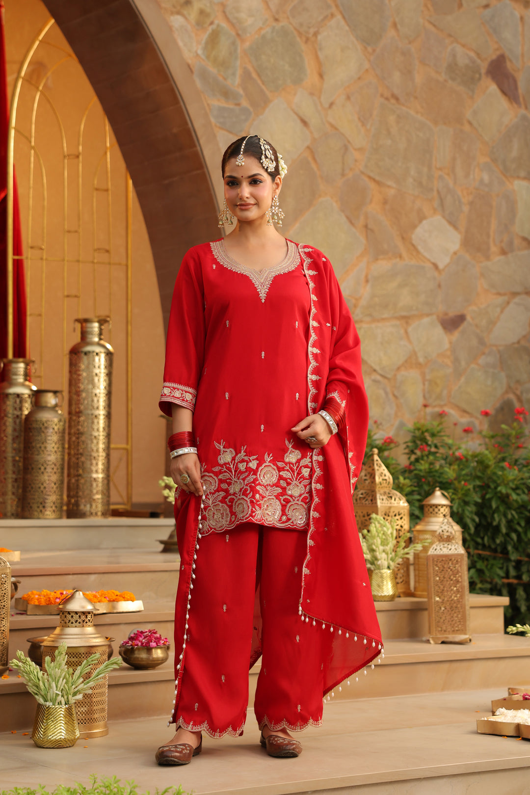 Floral Embroidered Straight Polki Silk Kurta & Trousers Sets