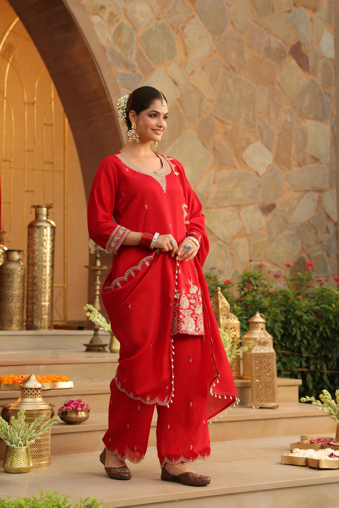 Floral Embroidered Straight Polki Silk Kurta & Trousers Sets