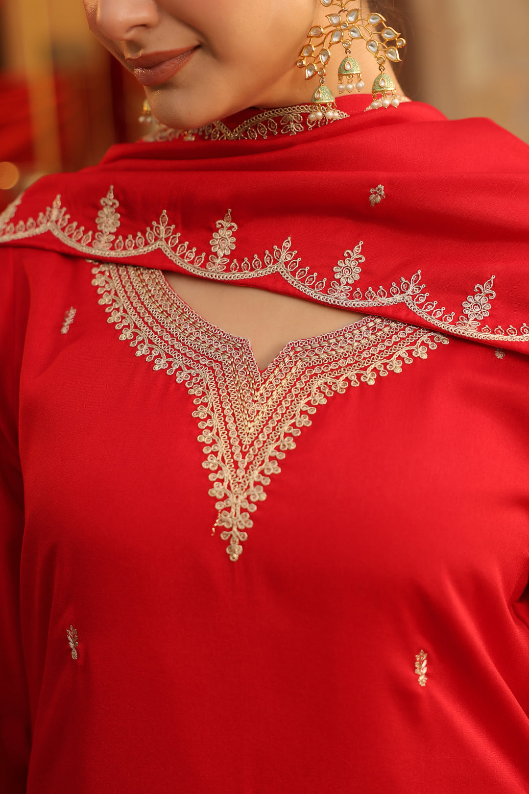 Floral Embroidered Straight Polki Silk Kurta & Trousers Sets