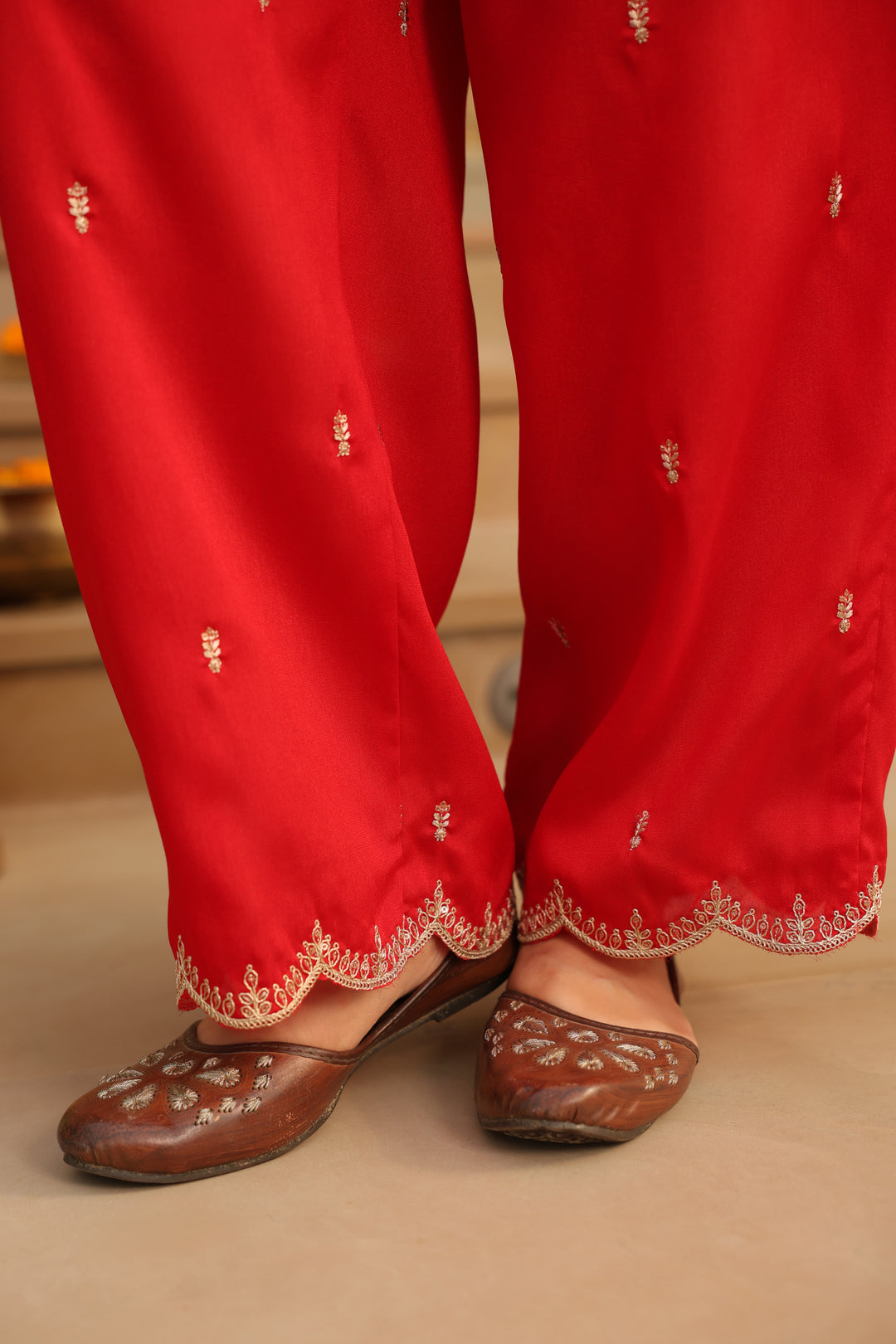 Floral Embroidered Straight Polki Silk Kurta & Trousers Sets