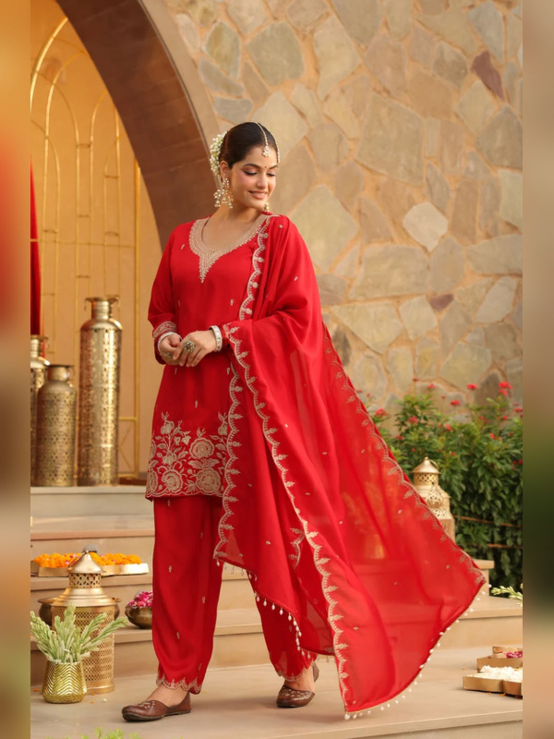 Floral Embroidered Straight Polki Silk Kurta & Trousers Sets