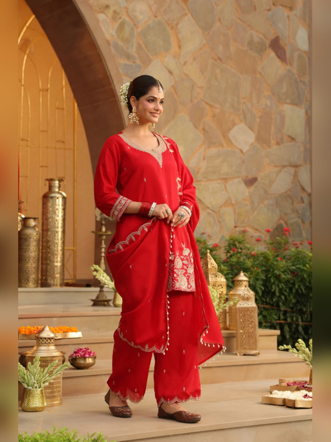 Floral Embroidered Straight Polki Silk Kurta & Trousers Sets