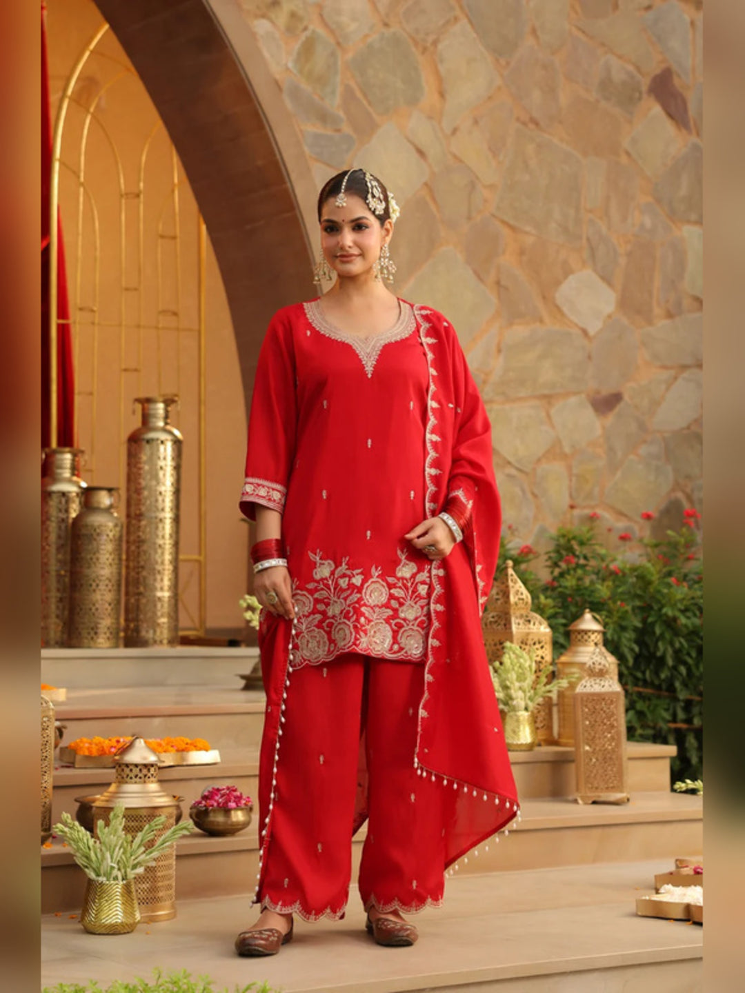 Floral Embroidered Straight Polki Silk Kurta & Trousers Sets