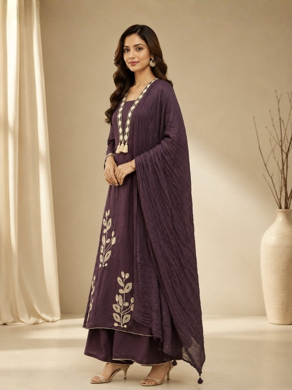 Floral Embroidered A-Line Pure Cotton Kurta & Palazzos Sets