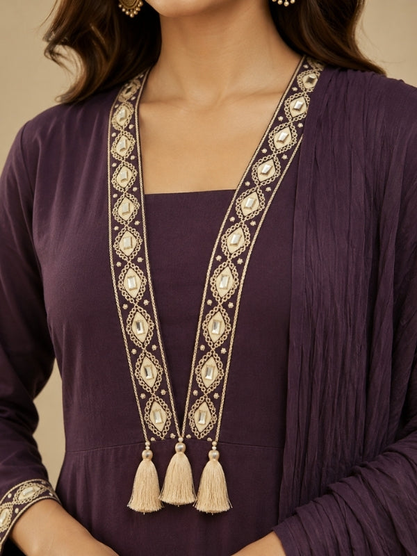 Floral Embroidered A-Line Pure Cotton Kurta & Palazzos Sets