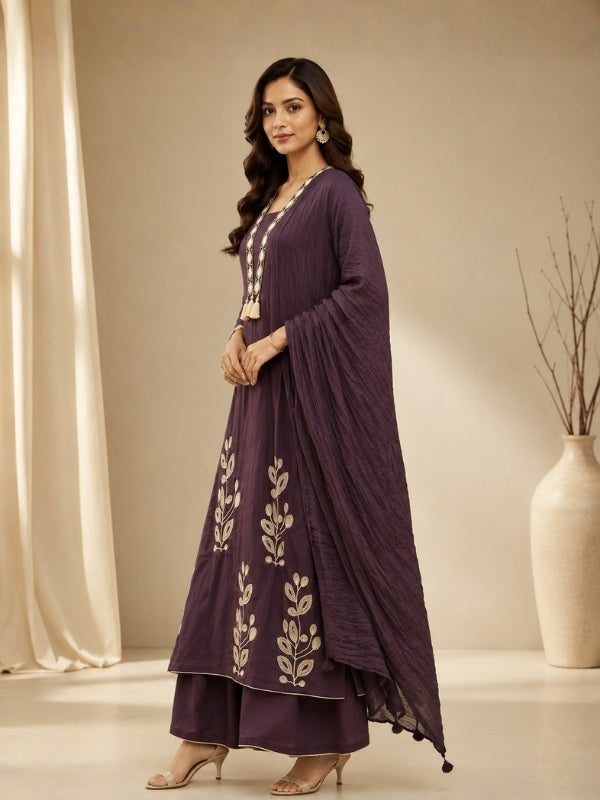 Floral Embroidered A-Line Pure Cotton Kurta & Palazzos Sets