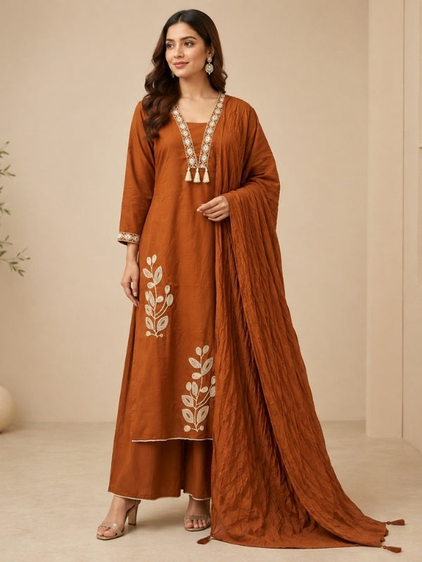 Floral Embroidered A-Line Pure Cotton Kurta & Palazzos Sets