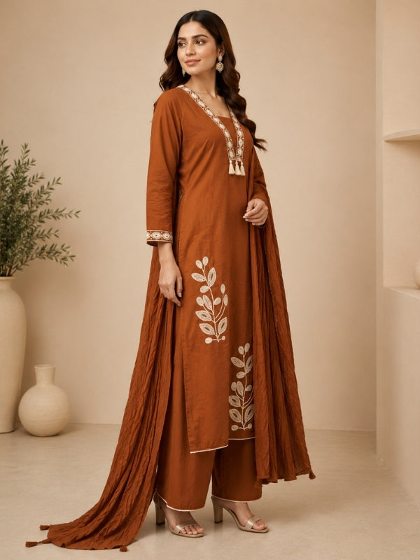 Floral Embroidered A-Line Pure Cotton Kurta & Palazzos Sets