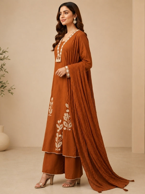 Floral Embroidered A-Line Pure Cotton Kurta & Palazzos Sets