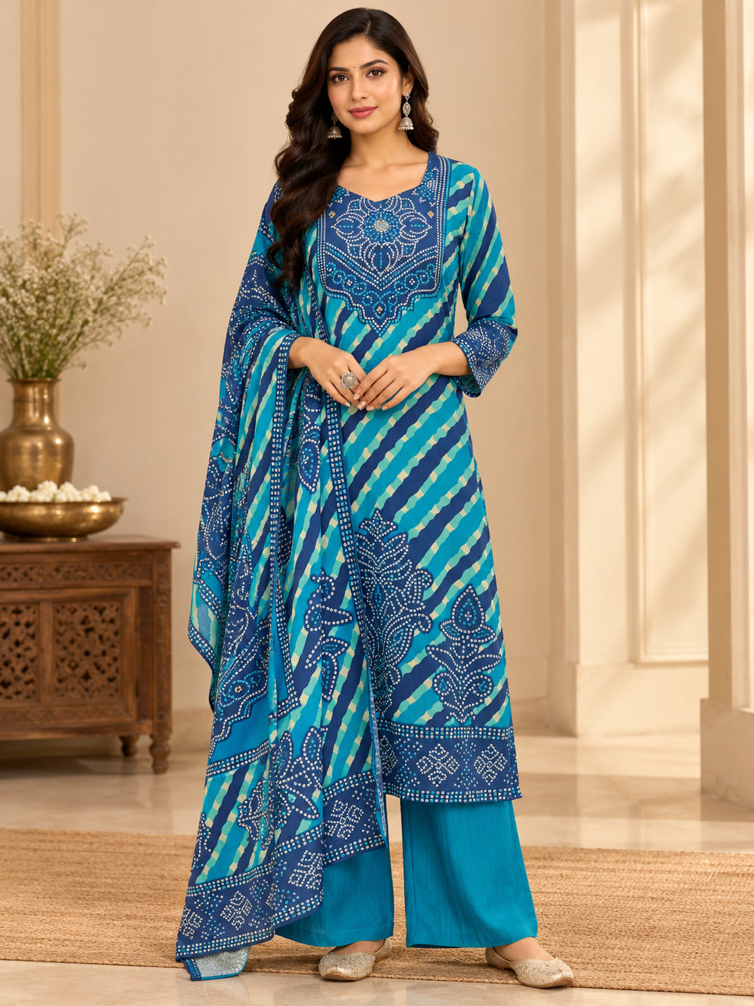 Bandhani Embroidered Straight Kurta & Trousers Sets