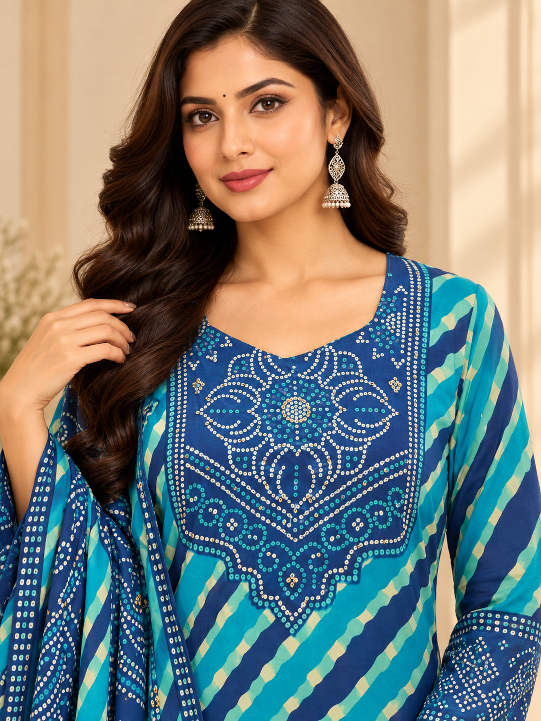 Bandhani Embroidered Straight Kurta & Trousers Sets