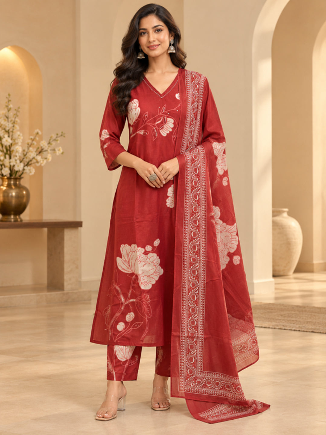 Floral Embroidered Straight Pure Cotton Kurta & Trousers Sets