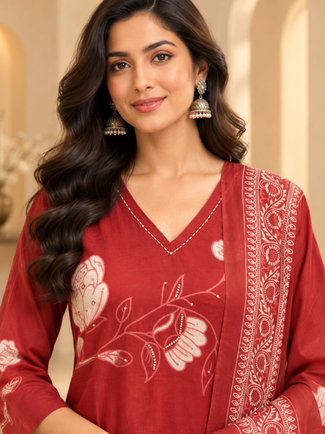 Floral Embroidered Straight Pure Cotton Kurta & Trousers Sets