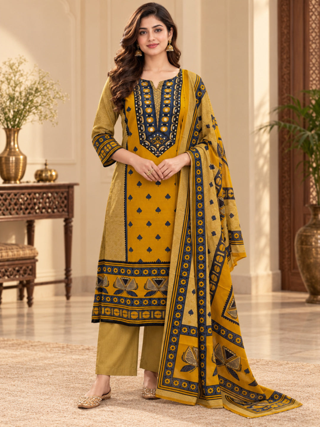 Floral Embroidered Straight Pure Cotton Kurta & Trousers Sets