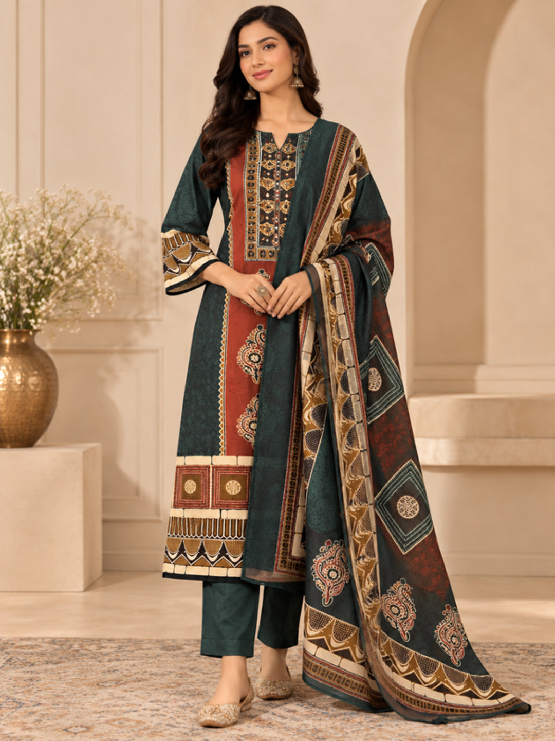 Floral Embroidered Straight Pure Cotton Kurta & Trousers Sets