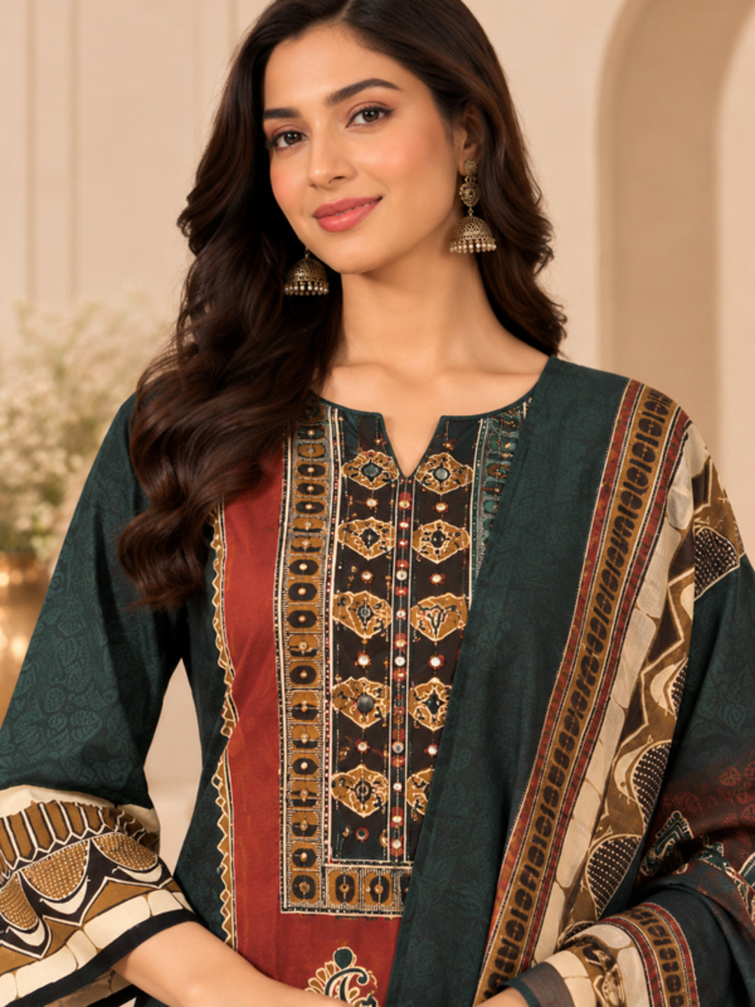 Floral Embroidered Straight Pure Cotton Kurta & Trousers Sets