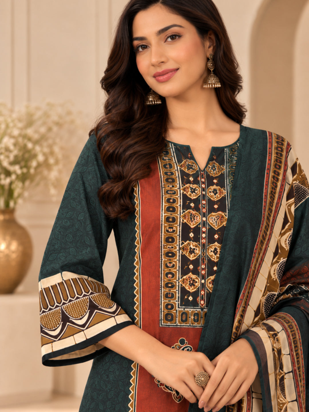 Floral Embroidered Straight Pure Cotton Kurta & Trousers Sets