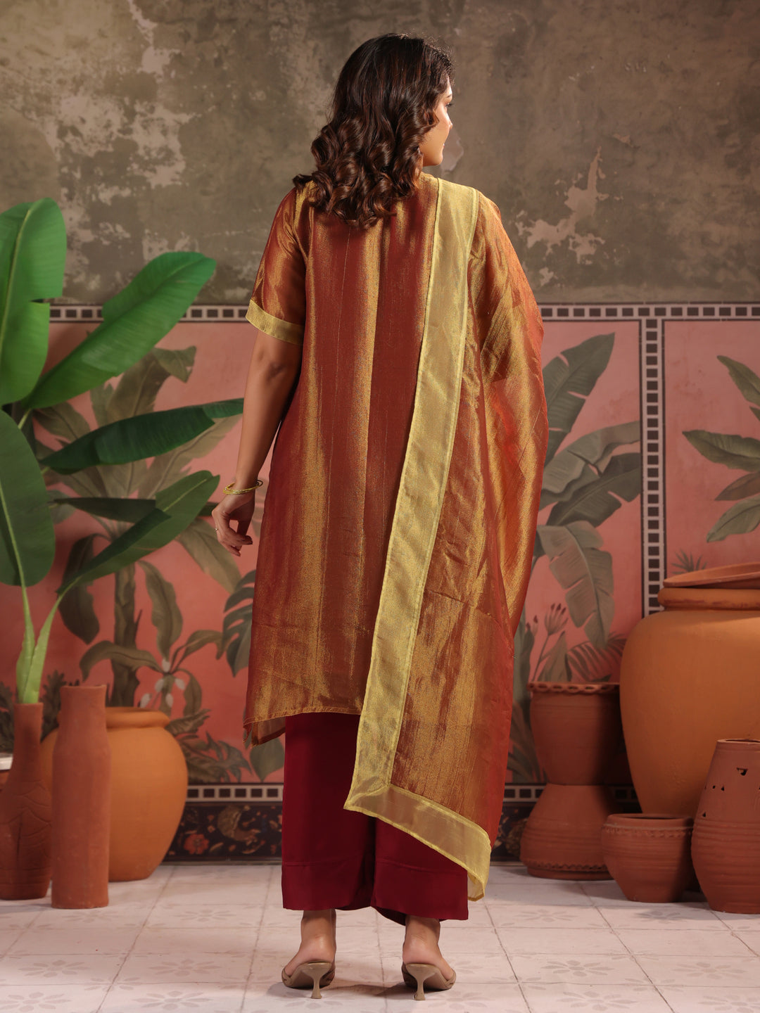 Solid Embroidered A-Line Tissue Silk Kurta & Palazzos Sets