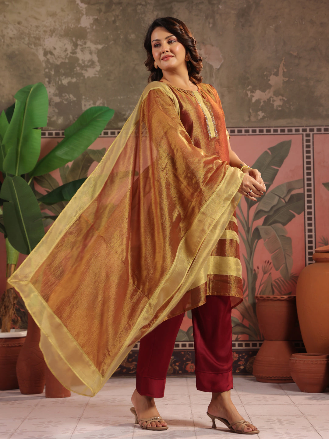 Solid Embroidered A-Line Tissue Silk Kurta & Palazzos Sets