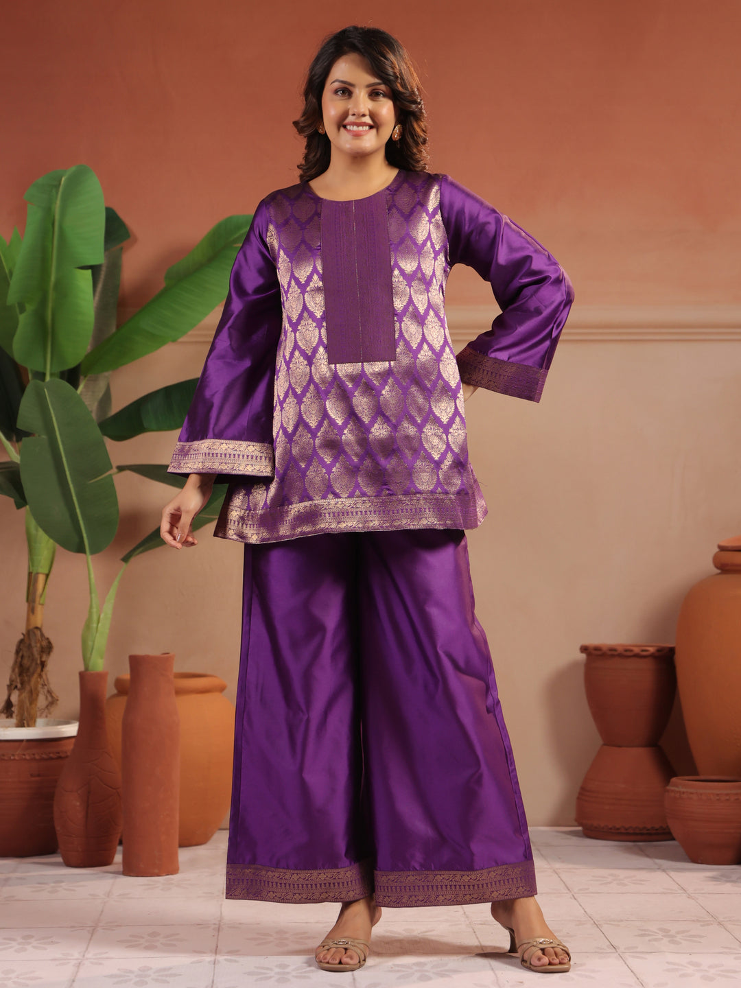 Floral Embroidered A-Line Silk Blend Kurta & Palazzos Sets