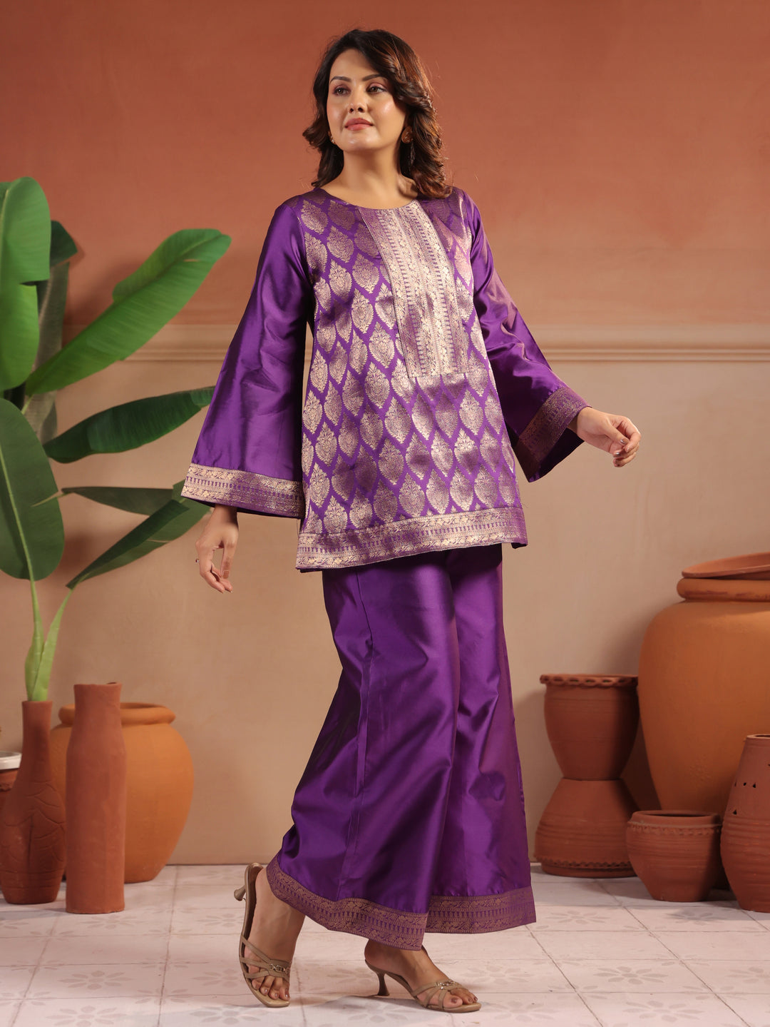 Floral Embroidered A-Line Silk Blend Kurta & Palazzos Sets