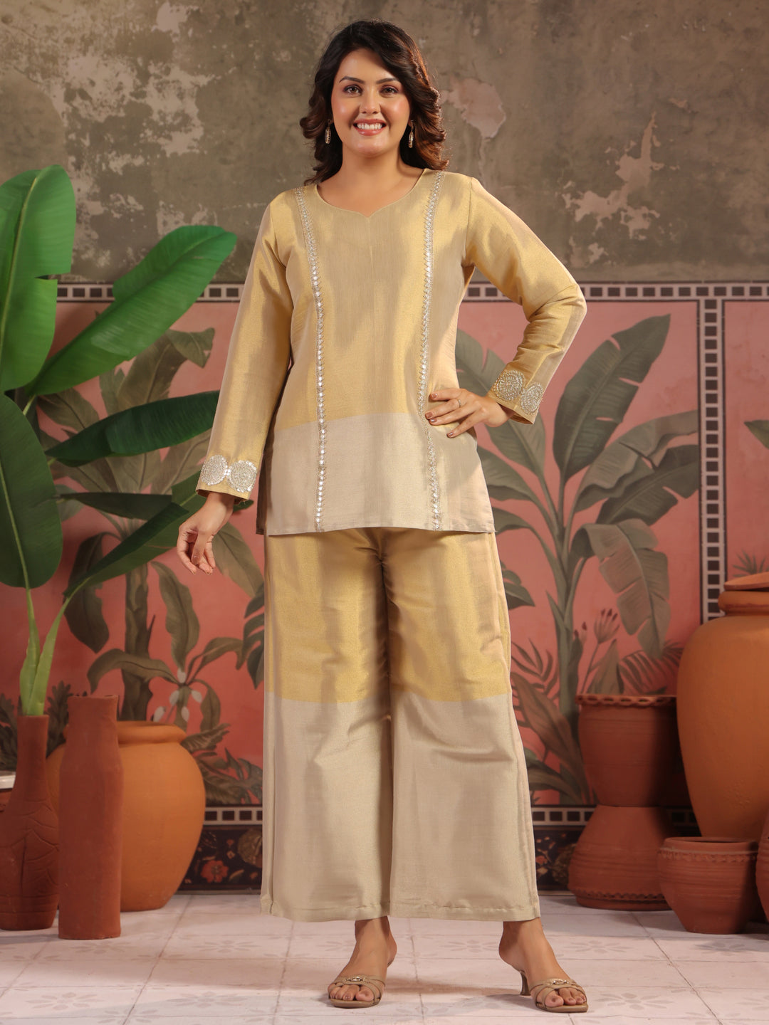 Solid Straight Tissue Silk Kurta & Palazzos Sets