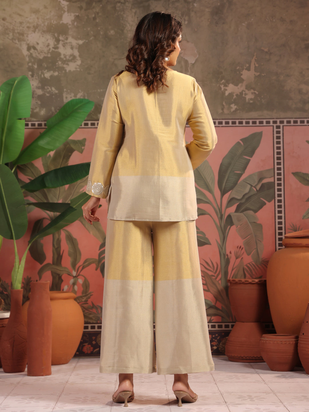 Solid Straight Tissue Silk Kurta & Palazzos Sets